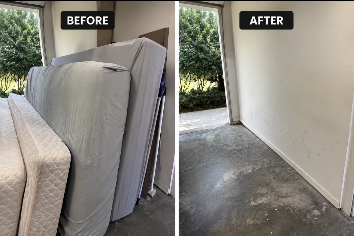Before and after mattress removal from a garage